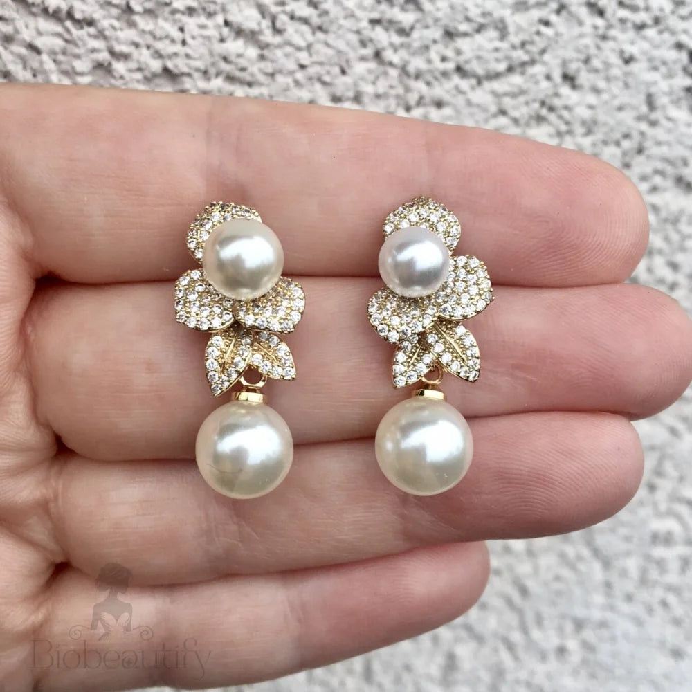 Cambria Pearl Bridal Earrings In Gold And Silver