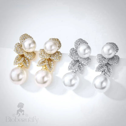 Cambria Pearl Bridal Earrings In Gold And Silver