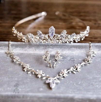 Candice Silver Cubic Zirconia Bridal Jewelry Set With Tiara - 3 Pieces