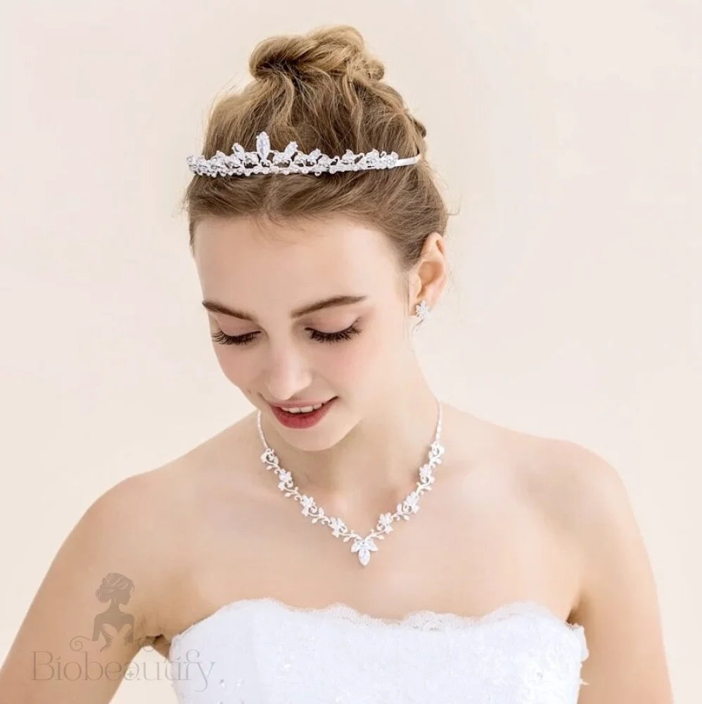 Candice Silver Cubic Zirconia Bridal Jewelry Set With Tiara - 3 Pieces