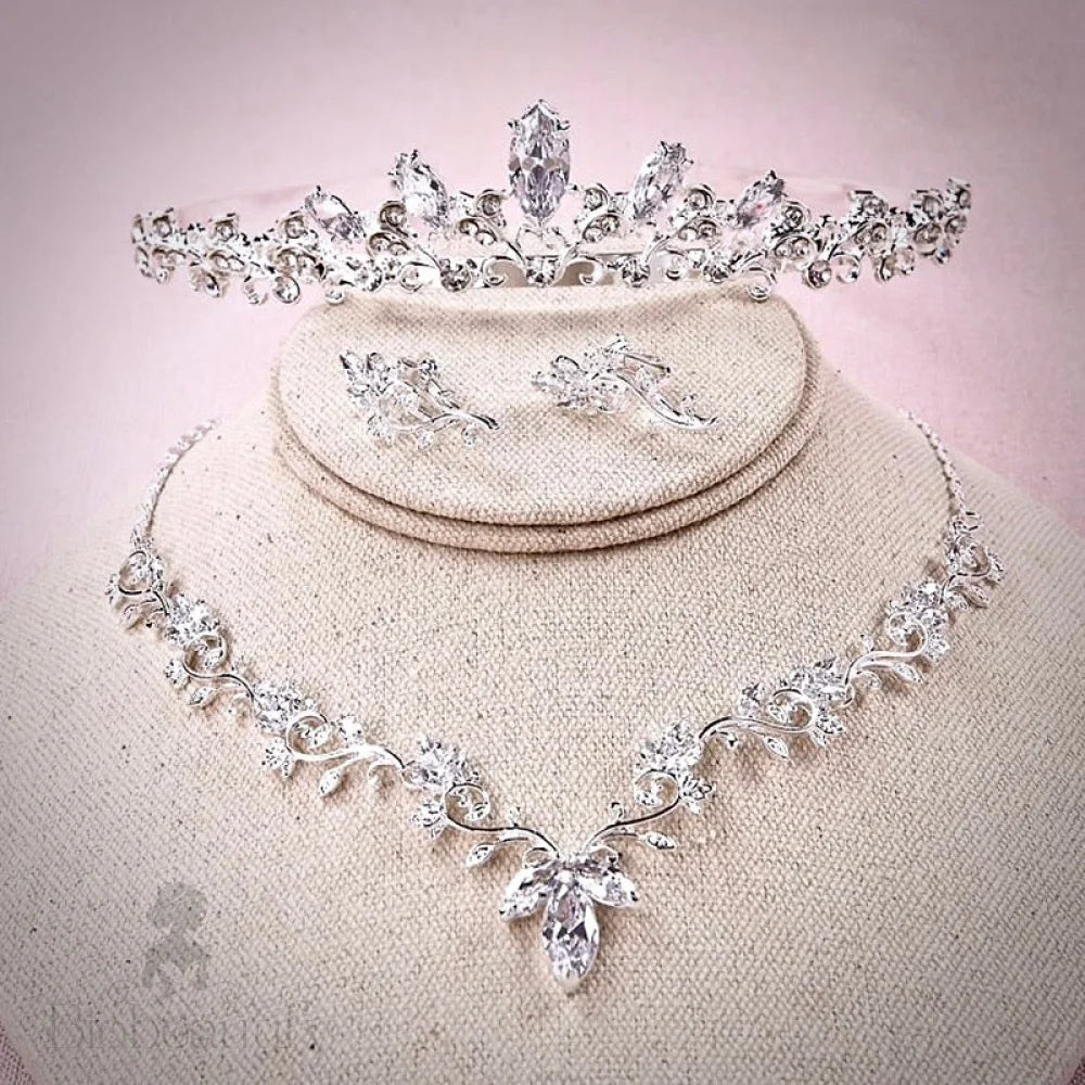 Candice Silver Cubic Zirconia Bridal Jewelry Set With Tiara - 3 Pieces