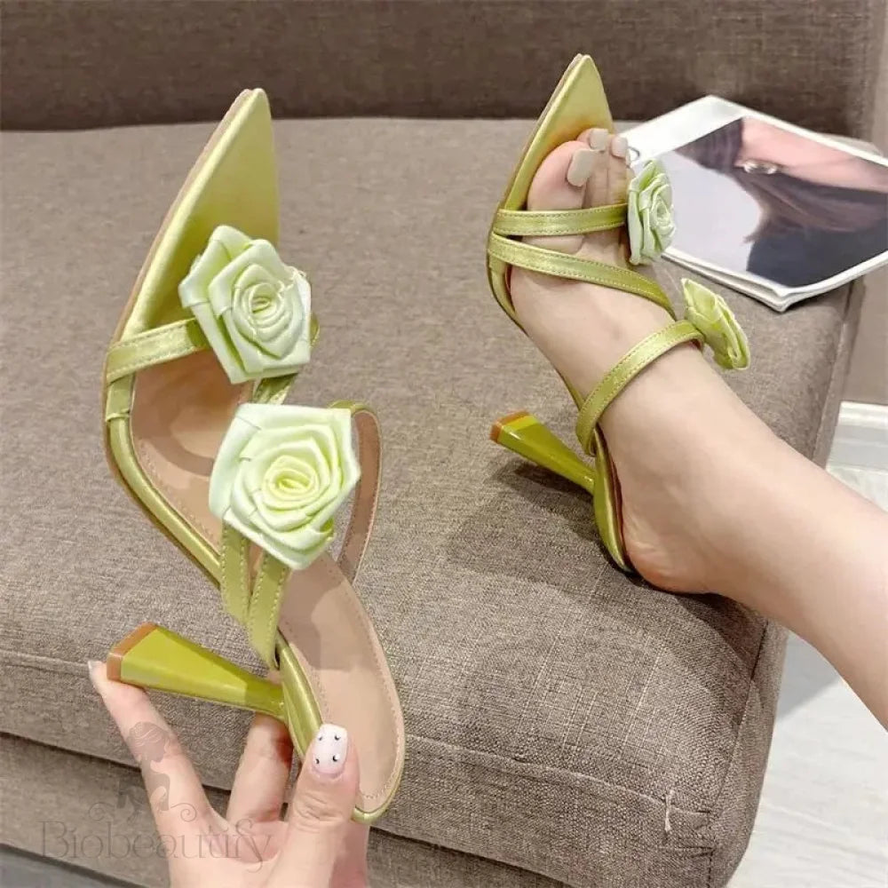 Candy Color Flower Pointed Toe Thin Heel Slippers For Women