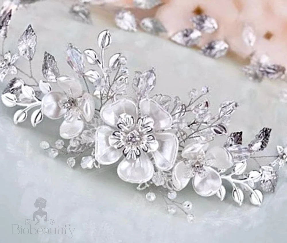 Carol Silver Pearl Crystal Bridal Headband