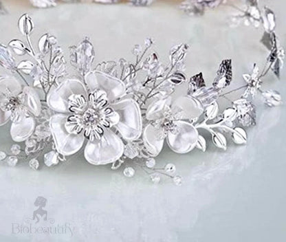 Carol Silver Pearl Crystal Bridal Headband