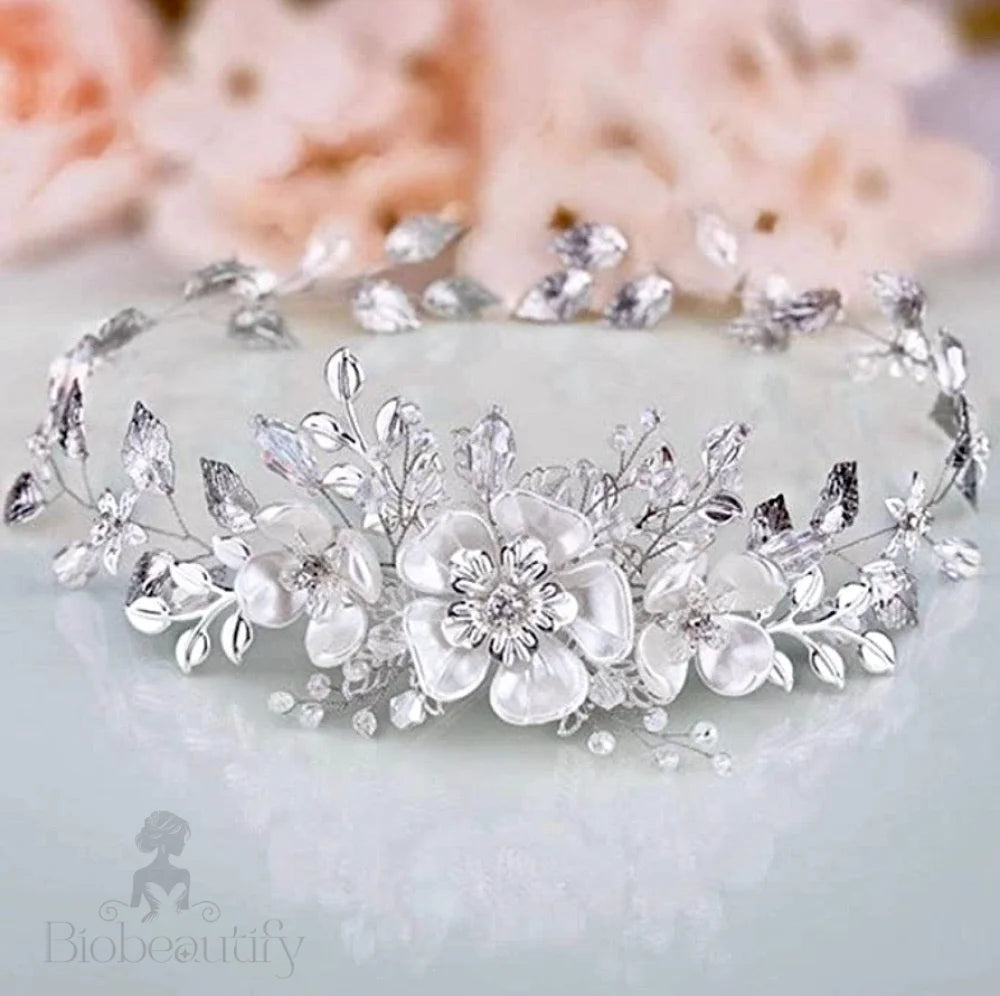 Carol Silver Pearl Crystal Bridal Headband