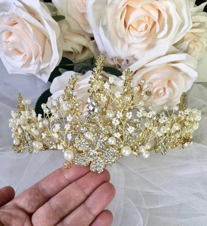 Carolyn Pearl Crystal Bridal Tiara In Yellow Gold And Silver