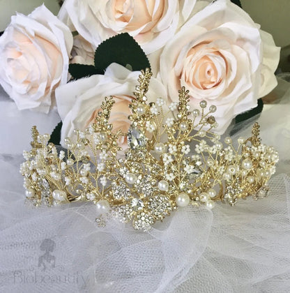 Carolyn Pearl Crystal Bridal Tiara In Yellow Gold And Silver