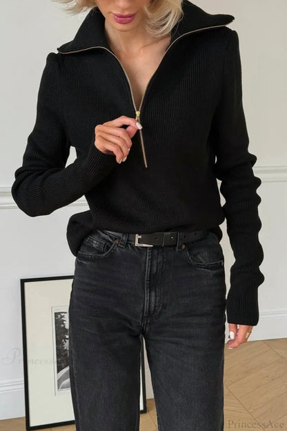 Casual Half-Zip Fitted Knit Long Sleeve Blouse Black / S