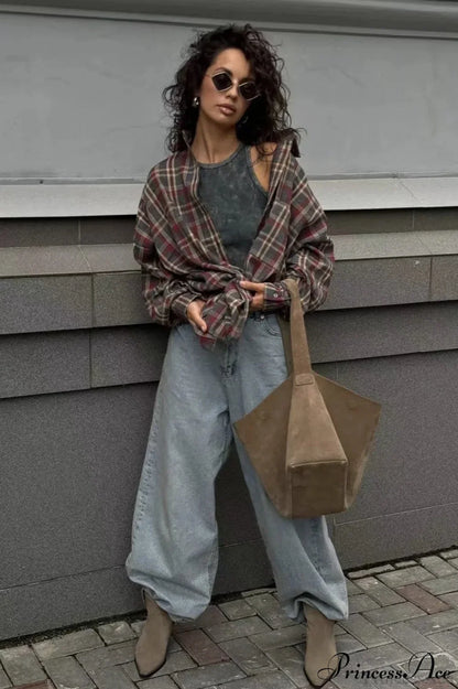 Casual Plaid Lapel Shirt Blouse