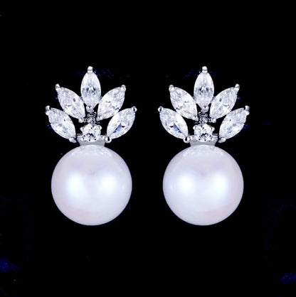 Wedding Jewelry - Pearl and Cubic Zirconia Bridal Earrings