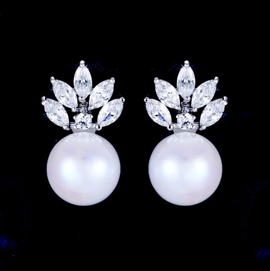 Wedding Jewelry - Pearl and Cubic Zirconia Bridal Earrings