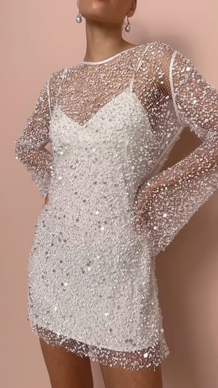 Foam Beads Mesh Two-Piece Sling Dress White / L