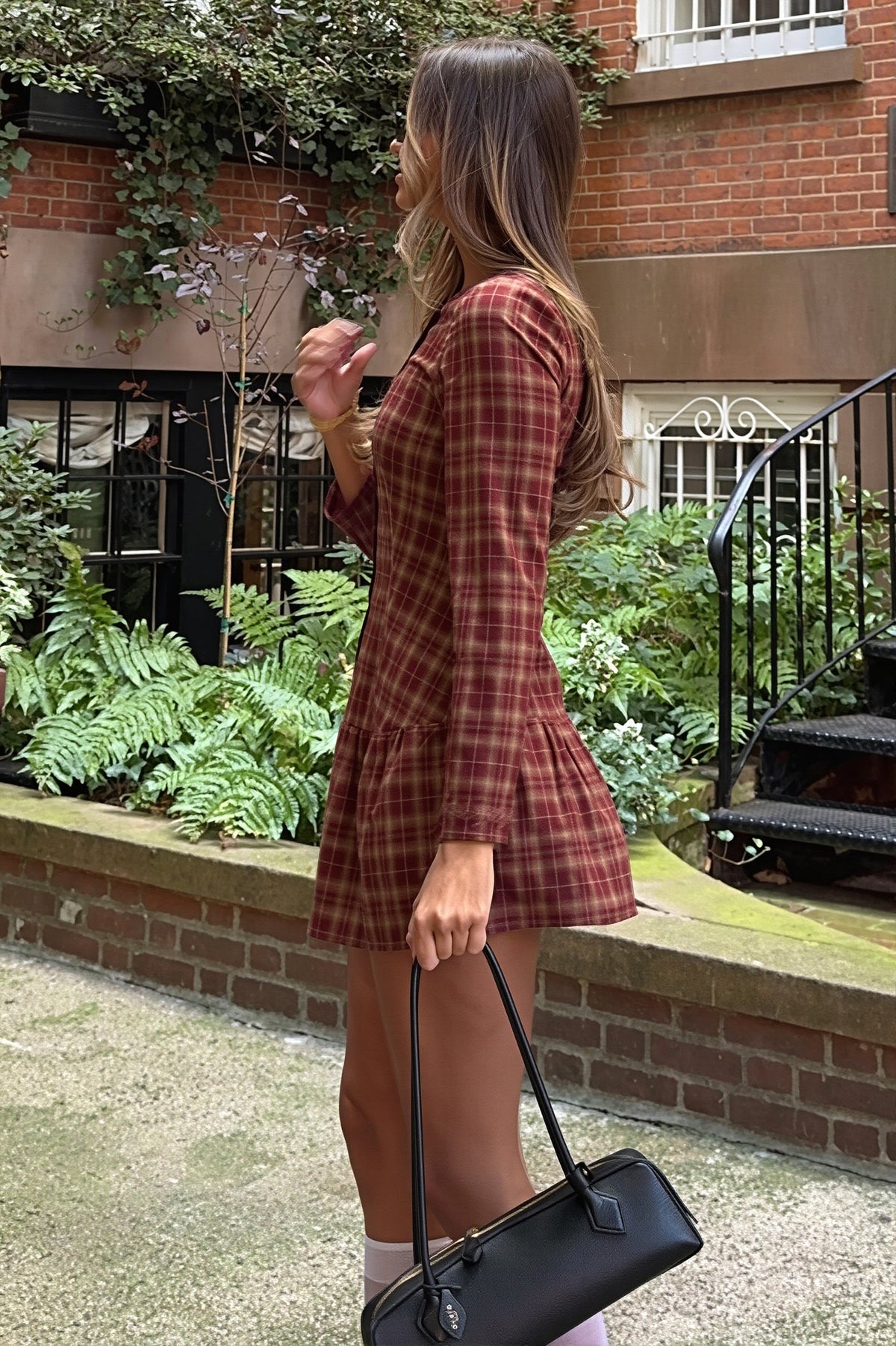 Preppy Square Neck Long Sleeve Plaid Dress