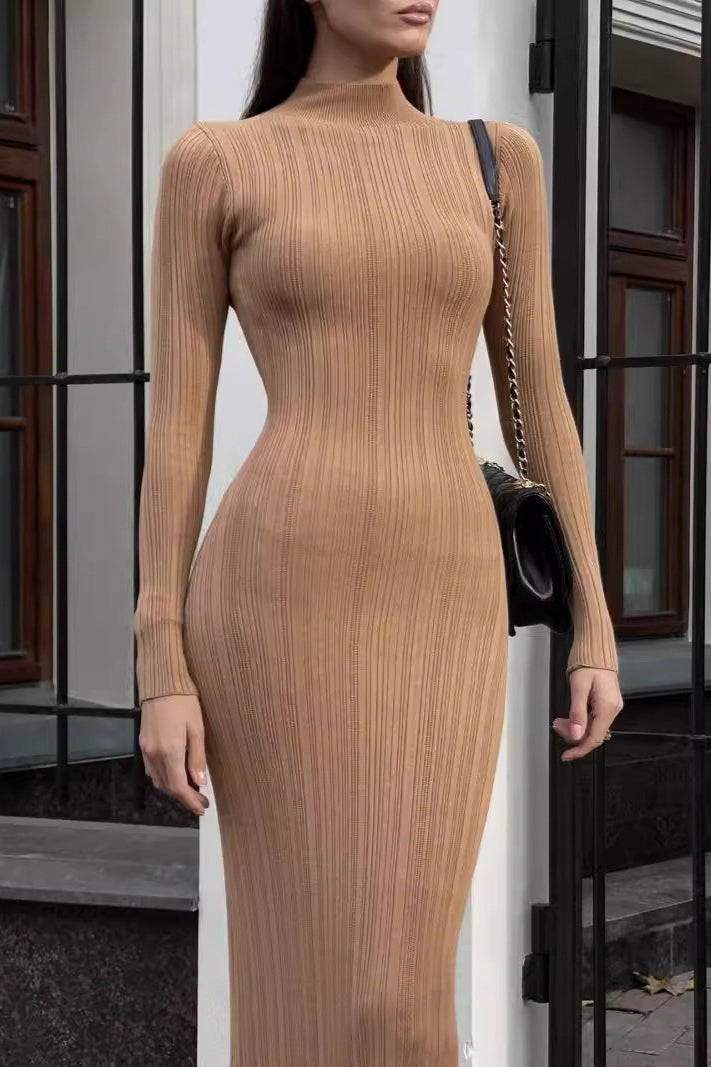 Turtleneck Striped Knit Slim-Fit Long Sleeve Sweater Dress