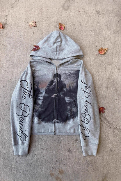 Photo Letter Graphic Zip Front Hoodie