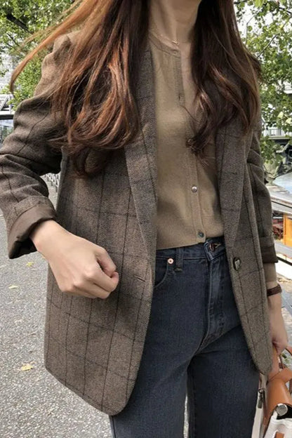 Plaid Woolen Button Blazer