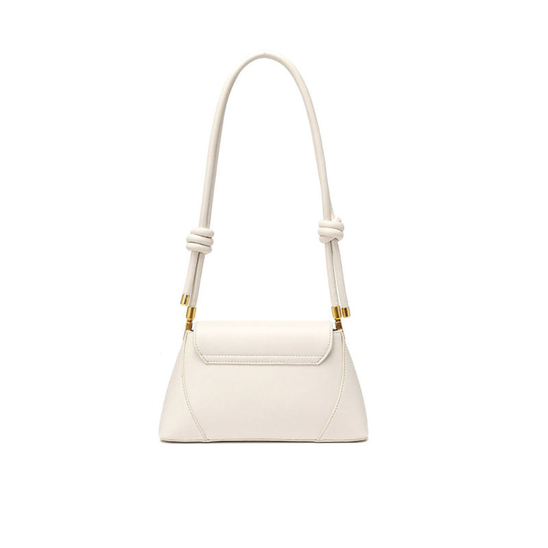 Gold Tone Buckled Flap Leather Baguette Bag - Beige
