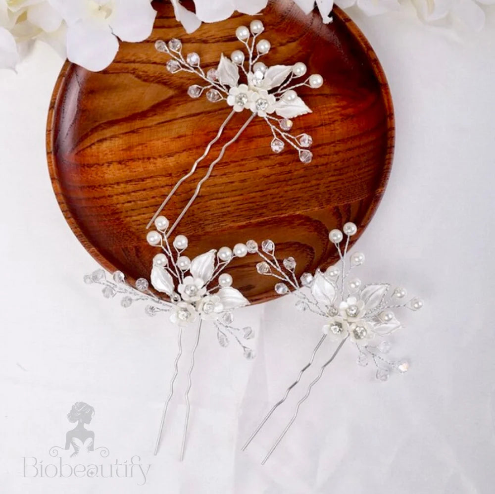 Ceramic Floral And Pearl Bridal Hair Pin By Betty