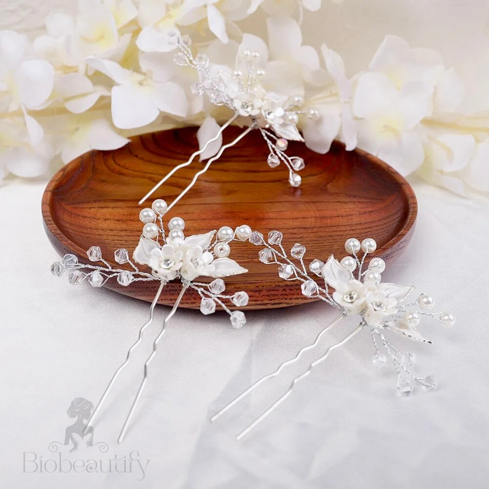 Ceramic Floral And Pearl Bridal Hair Pin By Betty