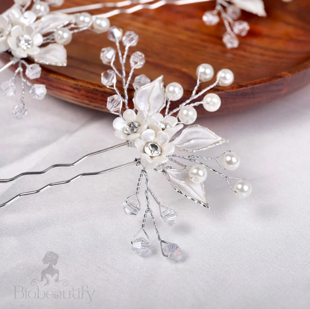 Ceramic Floral And Pearl Bridal Hair Pin By Betty