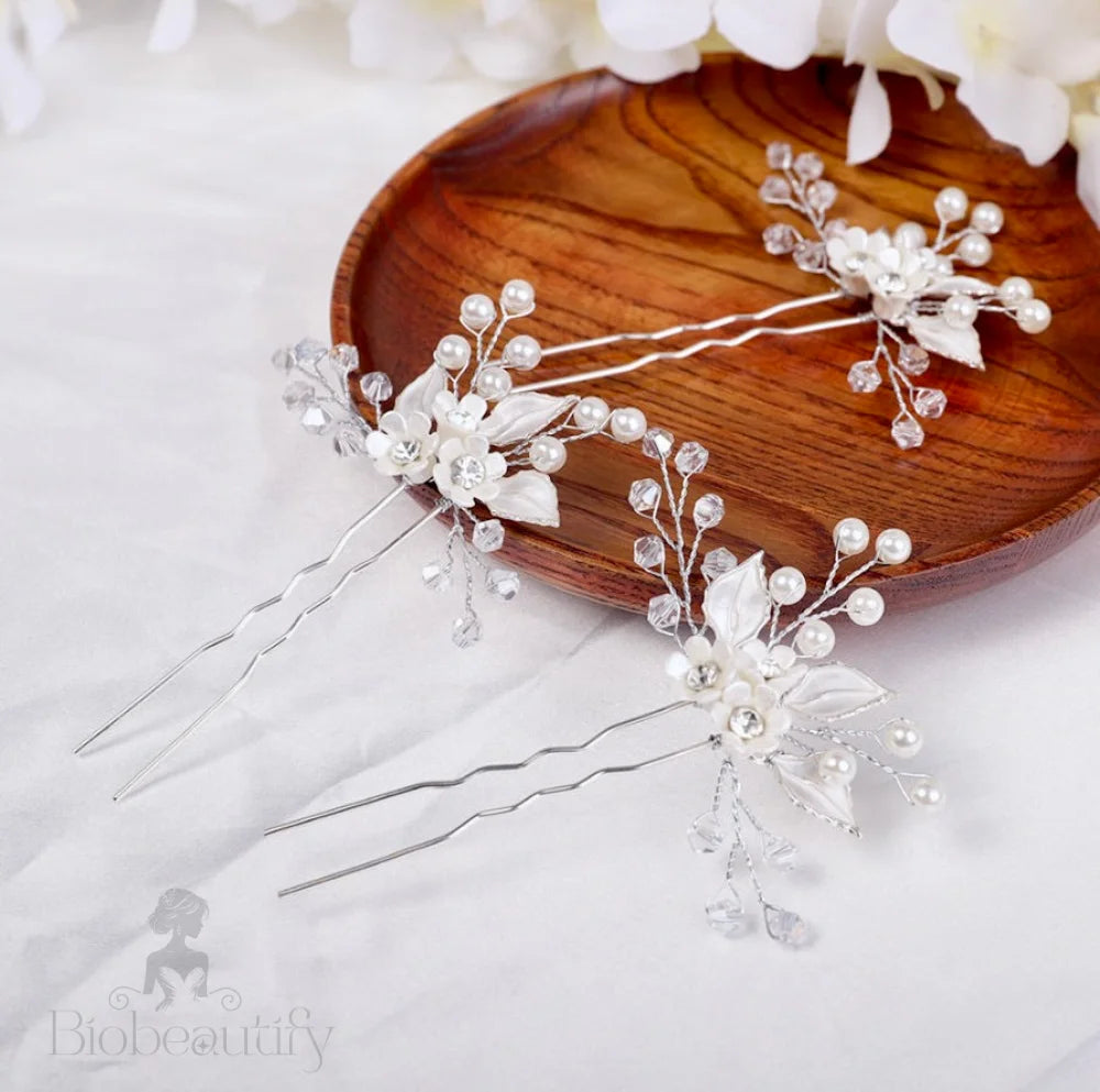 Ceramic Floral And Pearl Bridal Hair Pin By Betty