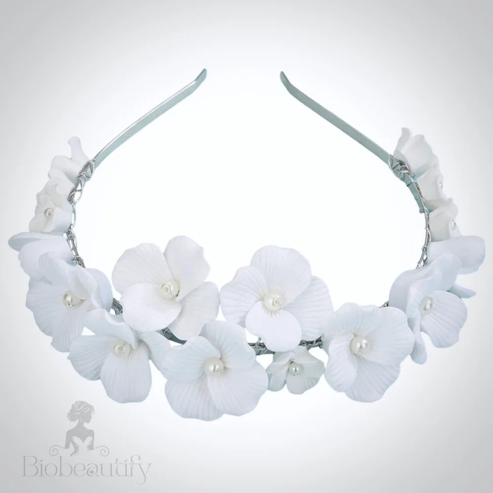 Ceramic Floral And Pearl Bridal Headband - Shiloh Silver Gold Options