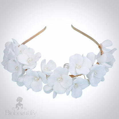 Ceramic Floral And Pearl Bridal Headband - Shiloh Silver Gold Options