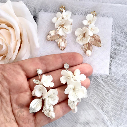 Ceramic Flower Bridal Earrings By Mckenna - Gold And Silver Options Available