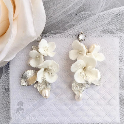 Wedding Hair Accessories - Ceramic Flowers Bridal Earrings - Available in Silver and Gold