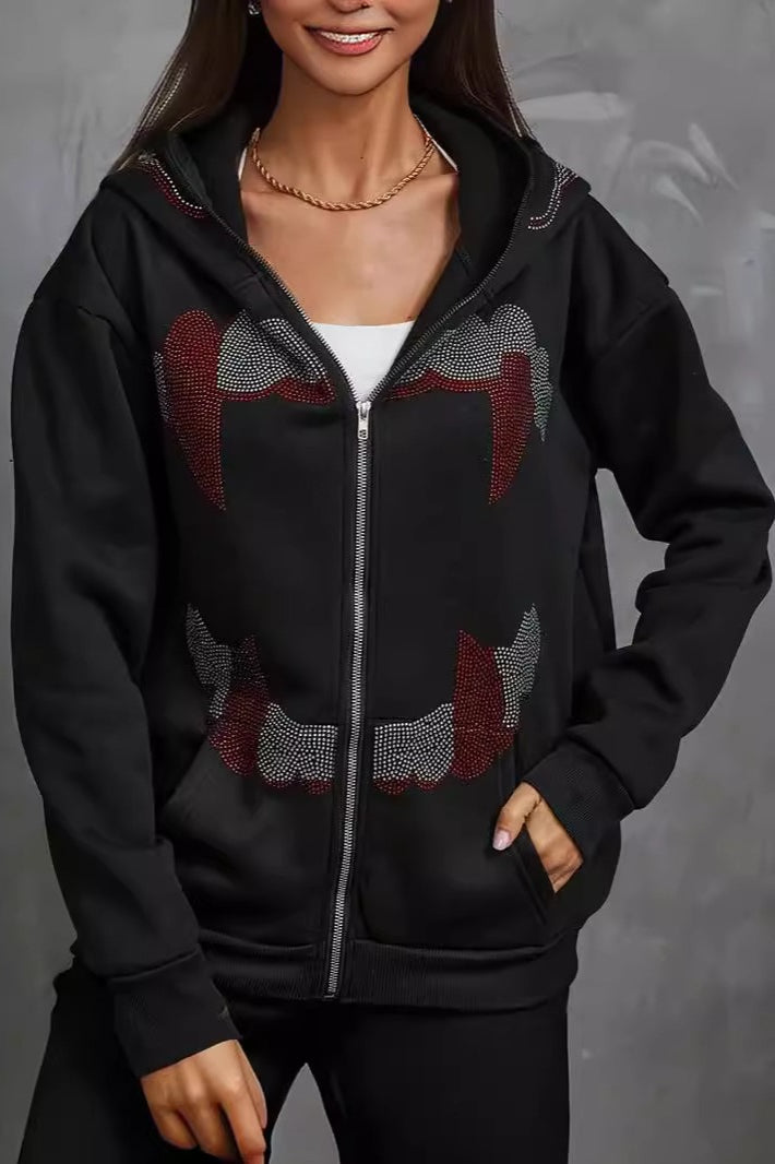 Rhinestone Zip Up Gothic Hoodie