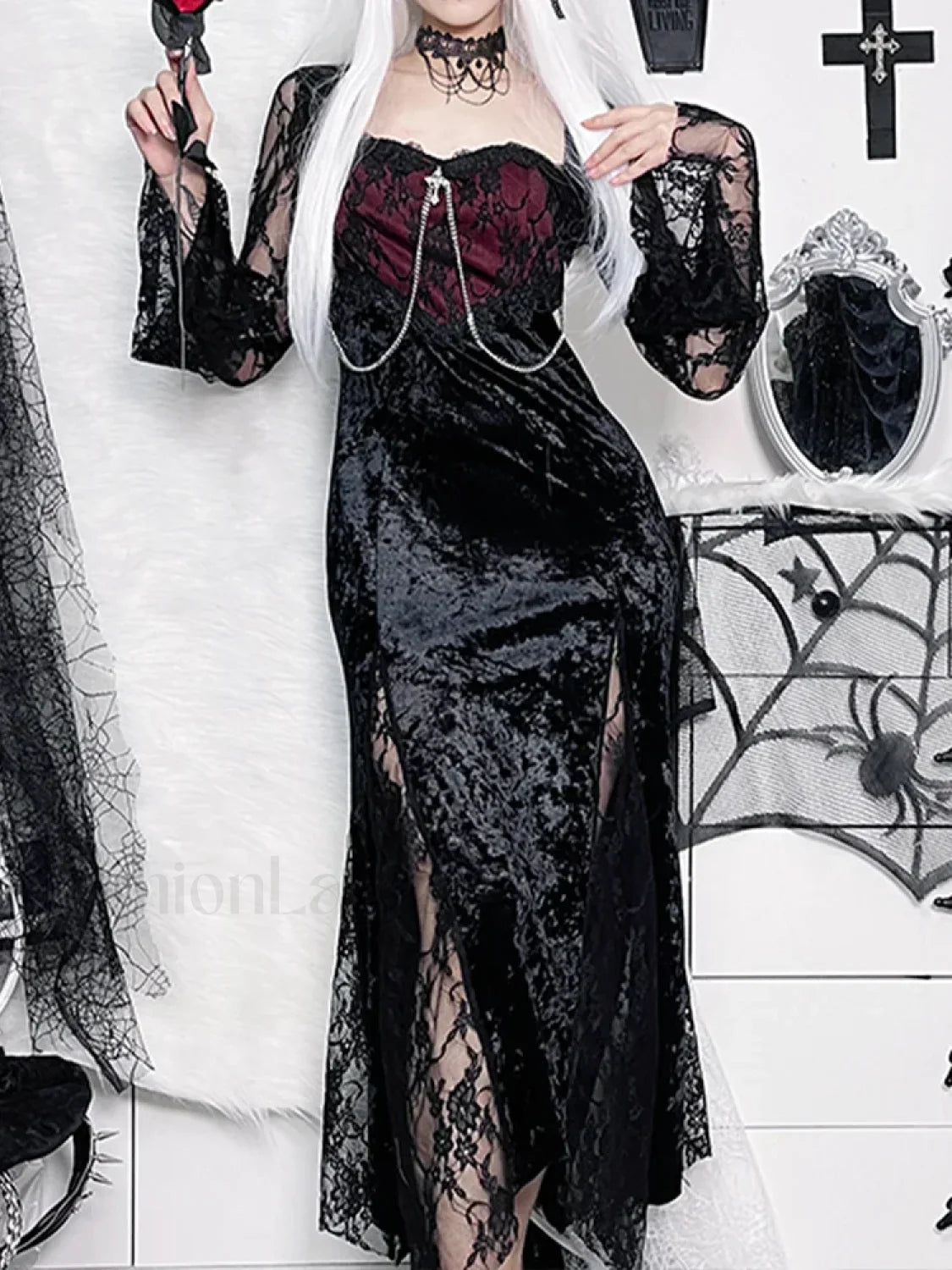 Chain Long Gothic Party Velvet High Slit Lace Tube Maxi Bodycon Dress Black / S