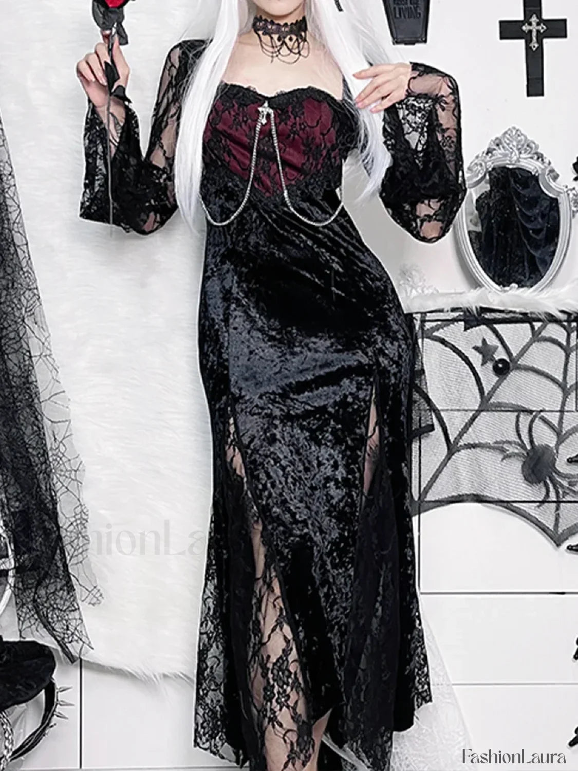 Chain Long Gothic Party Velvet High Slit Lace Tube Maxi Bodycon Dress Black / S