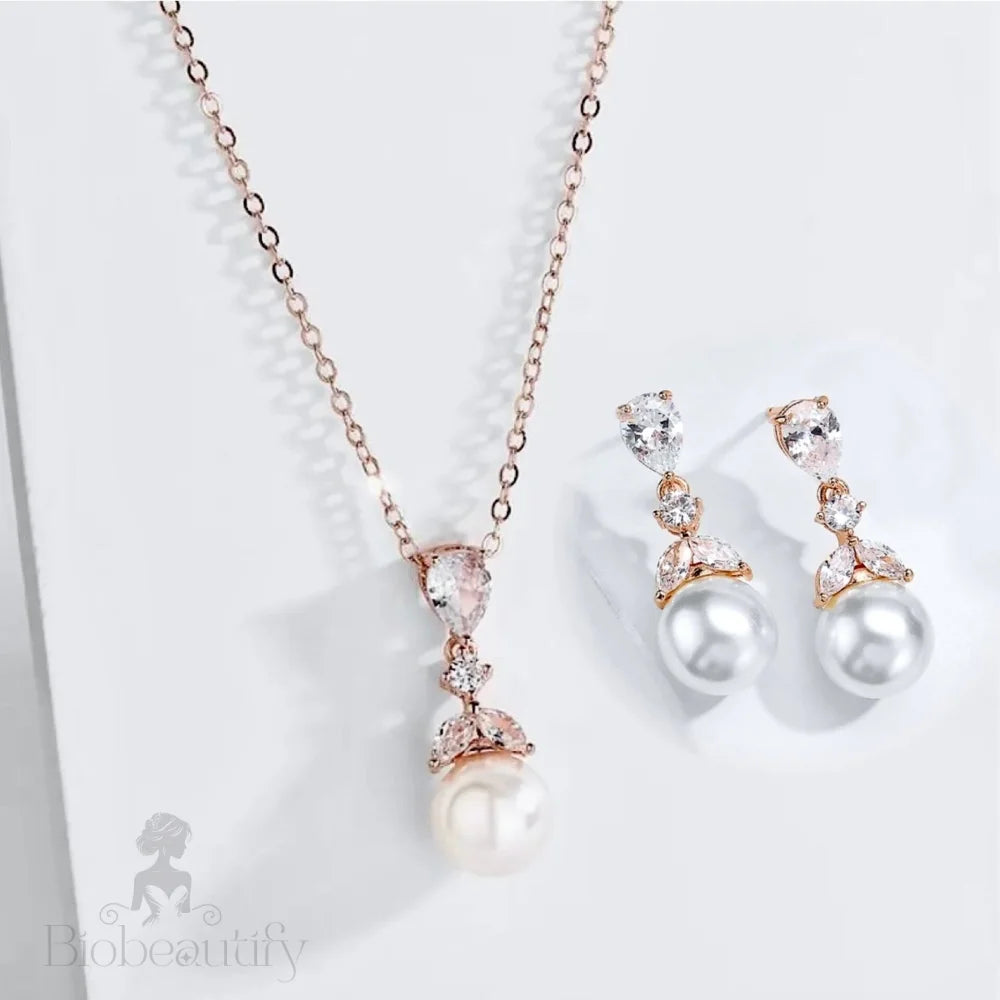 Wedding Jewelry - Pearl and Cubic Zirconia Bridal Jewelry Set - Available in Rose Gold and Silver