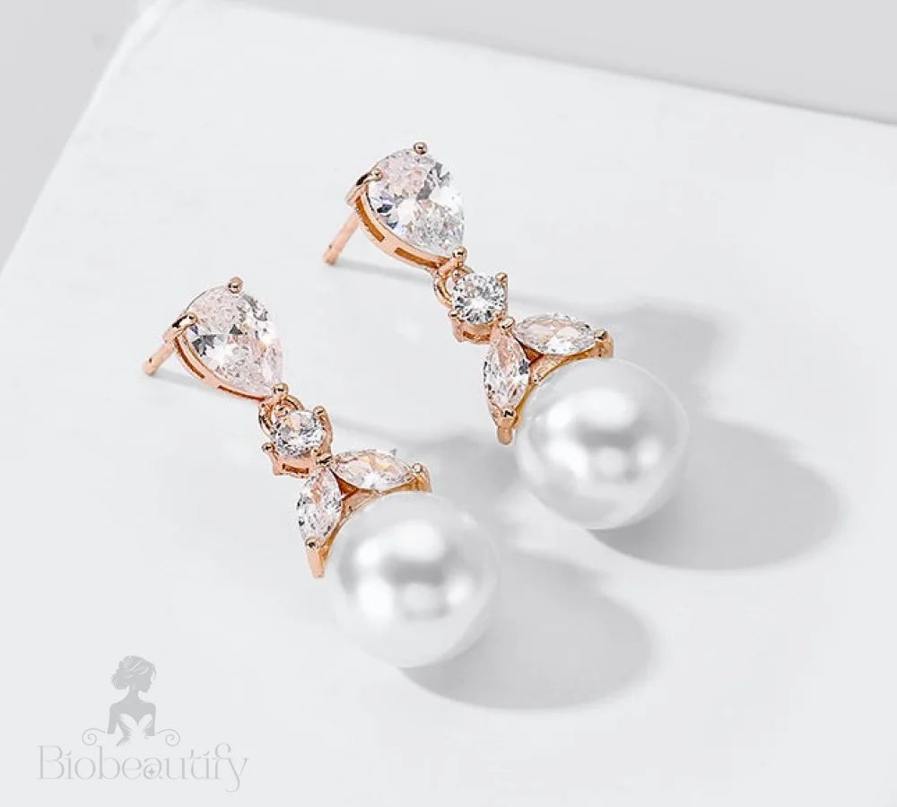 Chantria Pearl And Cubic Zirconia Bridal Earrings In Rose Gold Silver