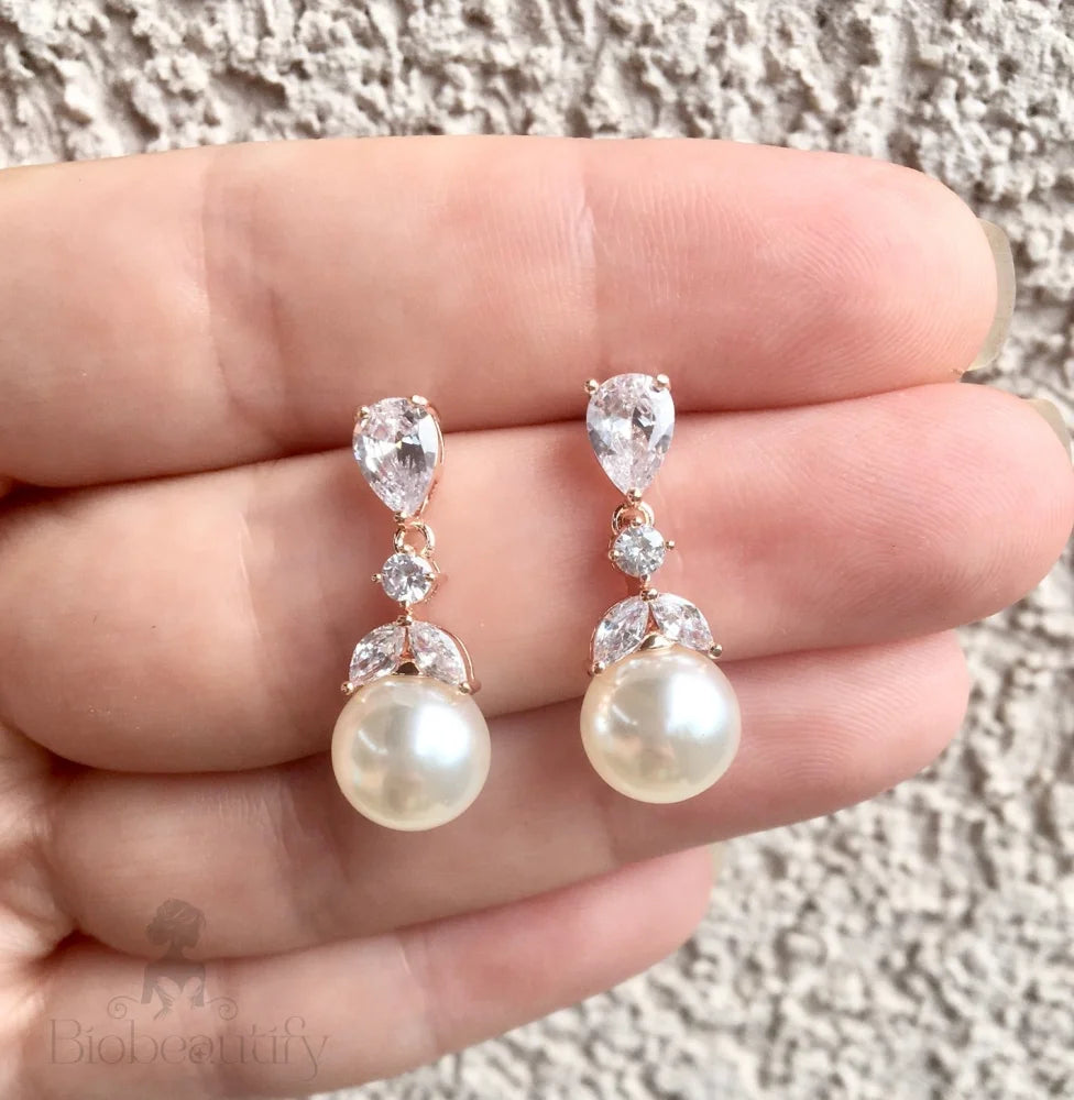 Chantria Pearl And Cubic Zirconia Bridal Earrings In Rose Gold Silver