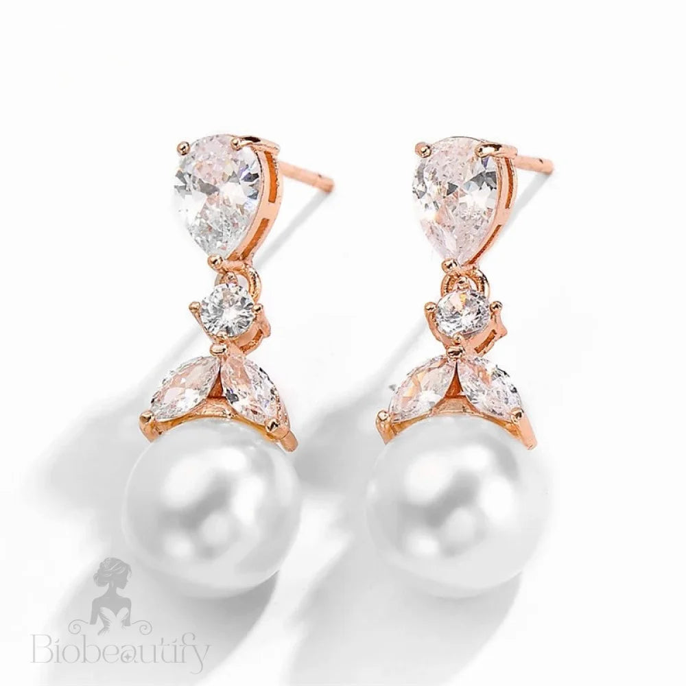 Chantria Pearl And Cubic Zirconia Bridal Earrings In Rose Gold Silver