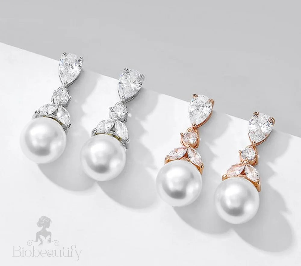 Chantria Pearl And Cubic Zirconia Bridal Earrings In Rose Gold Silver