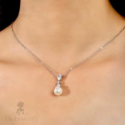 Chantria Pearl And Cz Bridal Necklace In Rose Gold Silver