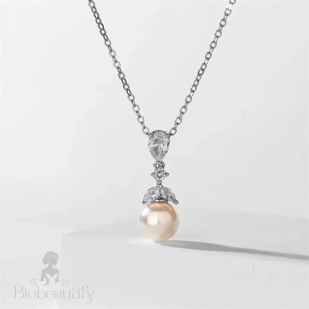 Chantria Pearl And Cz Bridal Necklace In Rose Gold Silver