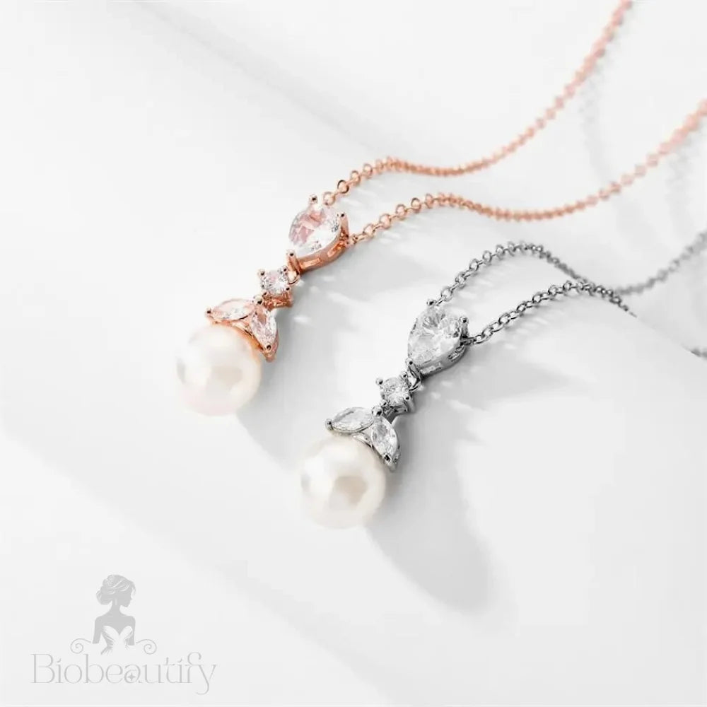 Chantria Pearl And Cz Bridal Necklace In Rose Gold Silver