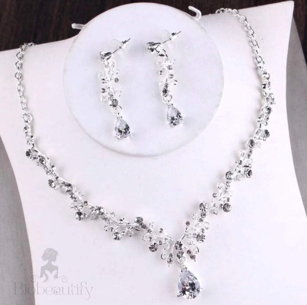 Cher Silver Cubic Zirconia Bridal Jewelry Set With Tiara - 3 Pieces