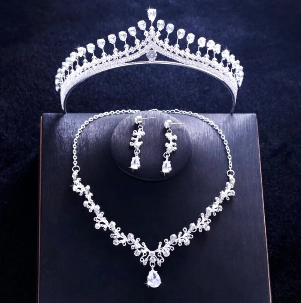 Cher Silver Cubic Zirconia Bridal Jewelry Set With Tiara - 3 Pieces