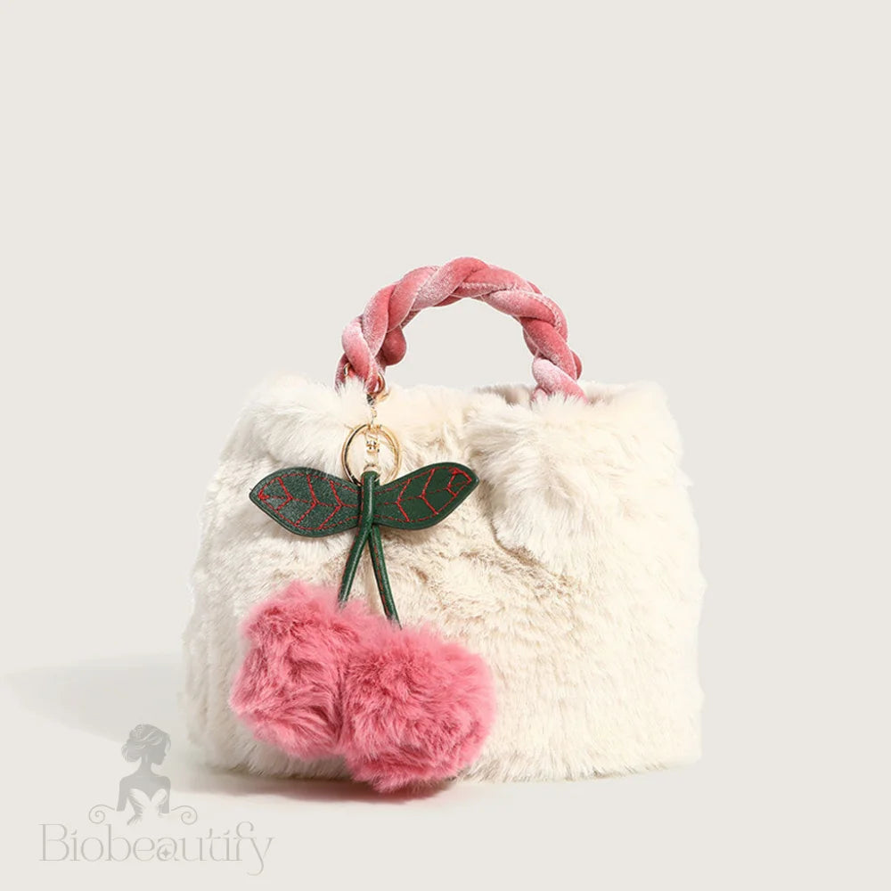 Cherry Trim Fluffy Tote Bag With Twist Shoulder Strap - White One Size /