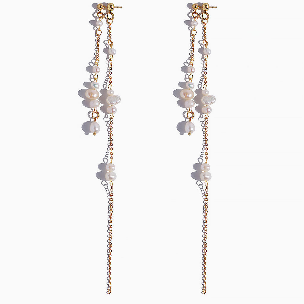 Two Tone Cable Chain Pearl Drop Earrings In 18K Gold Plated Chic Design / One Size