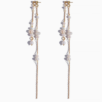 Two Tone Cable Chain Pearl Drop Earrings In 18K Gold Plated Chic Design / One Size