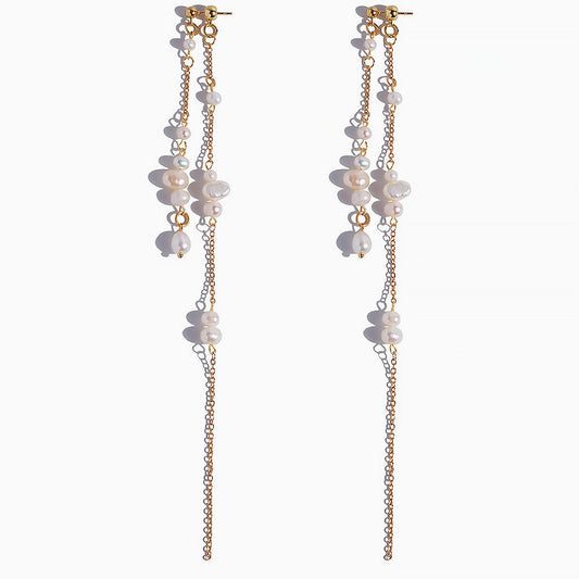 Two Tone Cable Chain Pearl Drop Earrings In 18K Gold Plated Chic Design / One Size