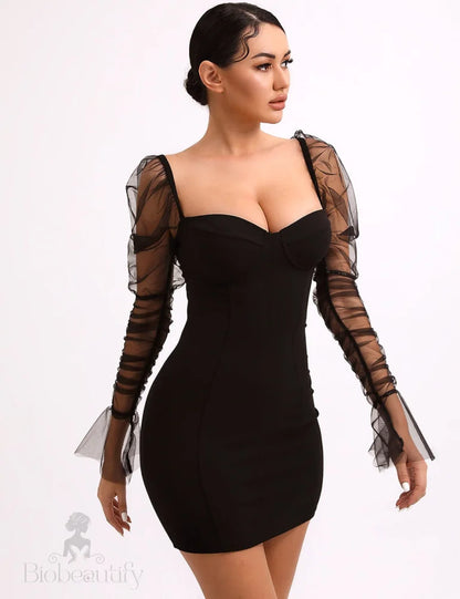 Chic Arletta Mesh Dress With Voluminous Puff Sleeves