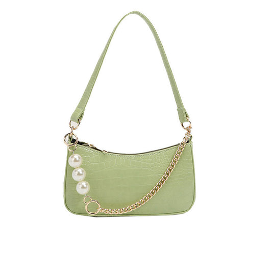 Sage Green Croco Embossed Baguette Bag With Chic Pearl Chunky Chain One Size /