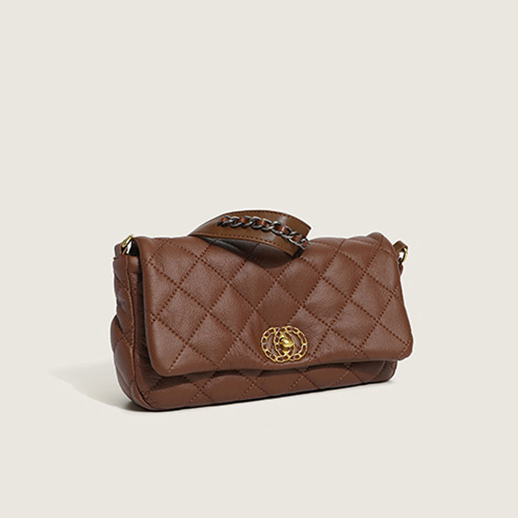 Rhombus Flap Buckled Chain Baguette Bag - Coffee