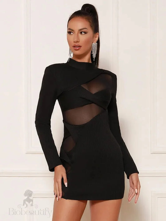 Terina Long Sleeve Mesh Turtleneck Bandage Dress - SunsetFashionLA